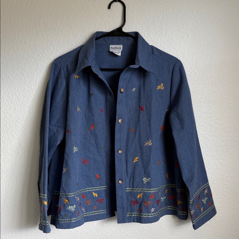 SOLD — Vintage 90’s BonWorth Blue Denim Leaves Shirt